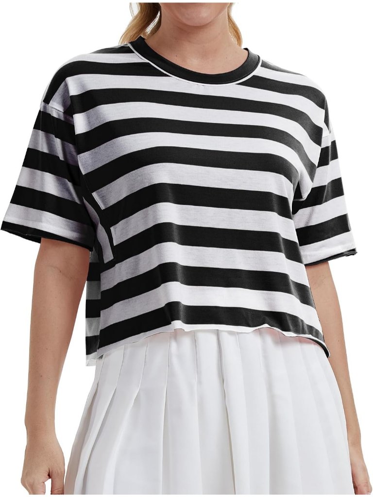 Women's Black White Crew Neck Short Sleeve Crop Tops Casual Basic Tees Shirts